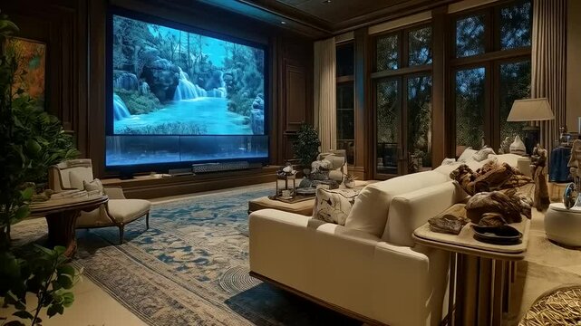 Grand Living Room Features Captivating Waterfall Display in a Luxurious Home