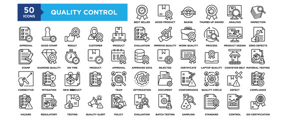 50 Quality Control icon set. Containing design Defect Detection, Compliance Check, Control Chart, ISO Certification, Material Inspection	