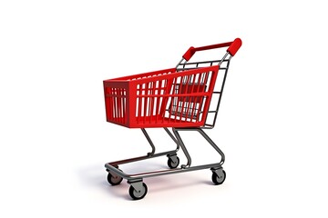 Red shopping cart isolated on white background, ready for grocery shopping