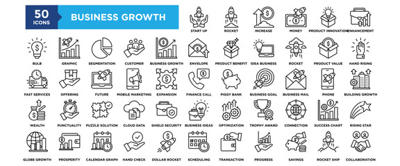 50 Business Growth icon set. Containing design Start Up, Rocket, Increase, Money, Product Innovation	