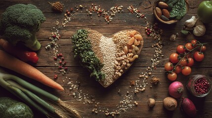Assortment of healthy foods arranged in a heart shape, symbolizing love for nutritious eating and wellness.