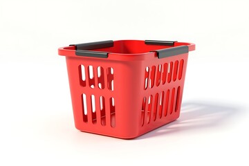 Fototapeta premium Red plastic shopping basket isolated on white background in a studio shot