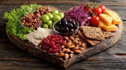 Assortment of healthy foods arranged in a heart shape, symbolizing love for nutritious eating and wellness.