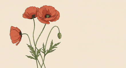 Elegant Red Poppies Floral Illustration Botanical Art Print Nature Design Cream Background