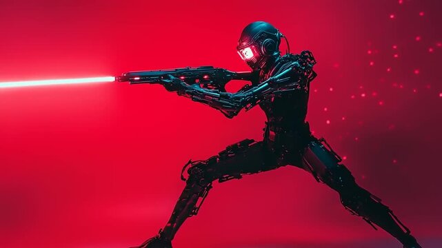 Futuristic robot in dynamic pose aiming a laser weapon against a vibrant red backdrop with sparkles