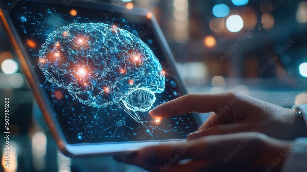 Poster a digitized interactive representation of the human brain projected on a tablet screen