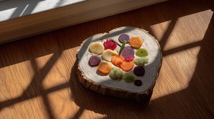 Assortment of healthy foods arranged in a heart shape, symbolizing love for nutritious eating and wellness.