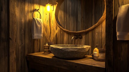 A rustic-themed washroom with wooden walls stone basin sink