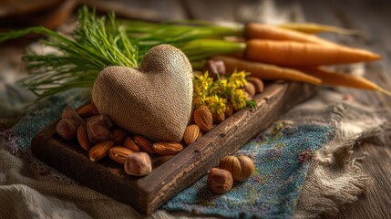 Assortment of healthy foods arranged in a heart shape, symbolizing love for nutritious eating and wellness.