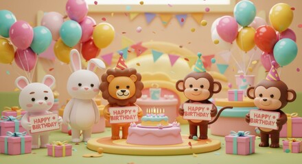Obraz premium Birthday celebration with cartoon animals around a cake digital illustration for children