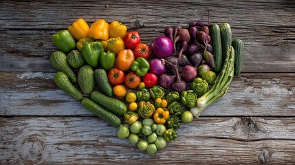 Assortment of healthy foods arranged in a heart shape, symbolizing love for nutritious eating and wellness.