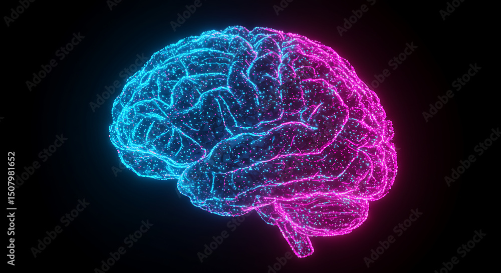 Poster abstract neon brain digital neural network ai technology concept