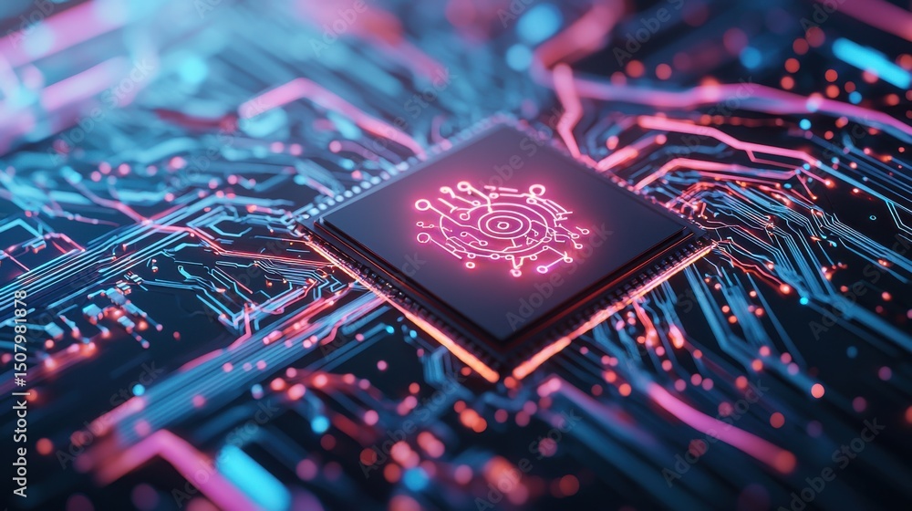 Poster a view of a digital microchip or processor with a glowing neon like symbol in the center surrounded 
