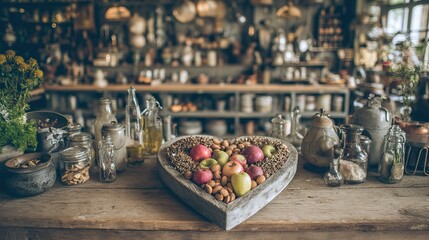 Assortment of healthy foods arranged in a heart shape, symbolizing love for nutritious eating and wellness.