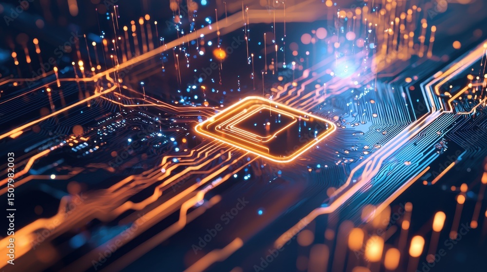 Poster vibrant and intricate digital circuitry featuring a glowing symbol at the center representing the of