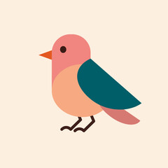 Minimalist illustration of a bird in profile. Vibrant and cheerful colors, beige background. Colorful geometric shapes. Pink, yellow and blue