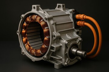 Detailed Close Up of an Electric Motor with Copper Windings and Aluminum Casing on a Dark Background