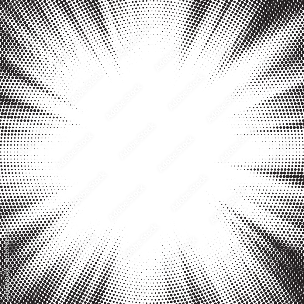 Poster halftone gradient sun rays pattern. abstract halftone vector dots background. monochrome dots patter