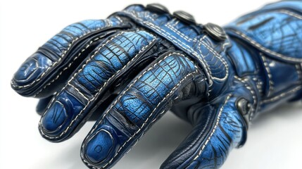 Close-up of a detailed, blue leather motorcycle glove