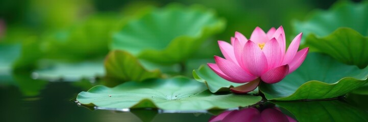 Green lotus leaves afloat, pink blooms emerge from lake, image, freshwater