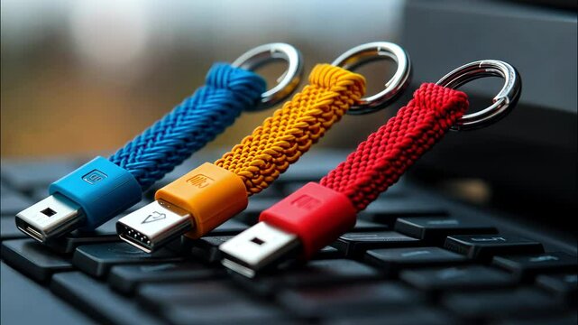 Colorful ethernet network cables with connectors in vibrant tech setting on desk. 
