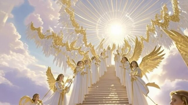 Radiant Angels Ascending Golden Light Spiral Staircase Through Singing Clouds with Celestial Choir and Pastel Sky 4K Fantasy Cinematic video background