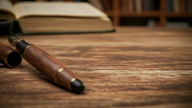 Elegant Wood Fountain Pen Resting on Antique Wooden Tabel with Open Book in Background - Still Life Photography