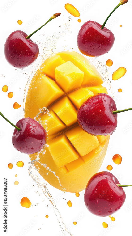 Aufkleber fresh mango slices and cherries with splashing juice on transparent background