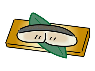 和食の笹の葉と焼き魚の手描きイラスト（祝