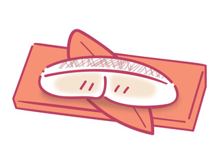 和食の笹の葉と焼き魚の手描きイラスト（赤