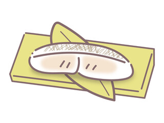 和食の笹の葉と焼き魚の手描きイラスト（黄