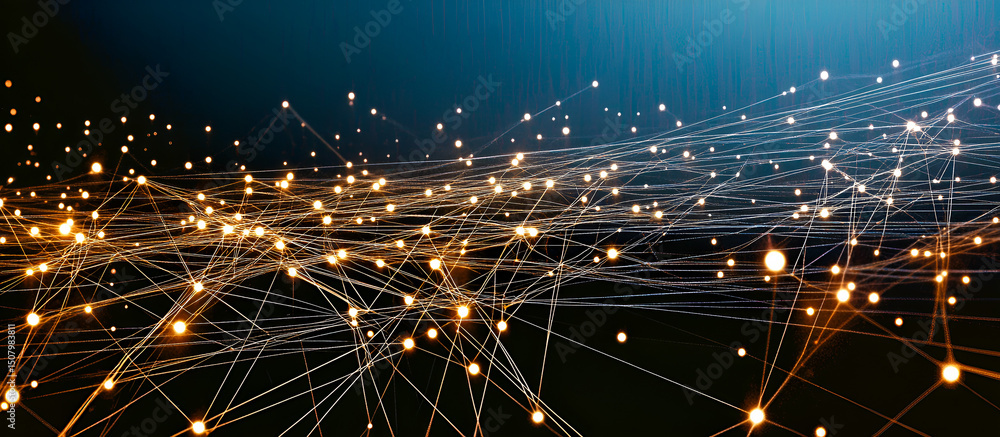 Poster abstract network connection futuristic design with glowing dots and lines on dark blue background