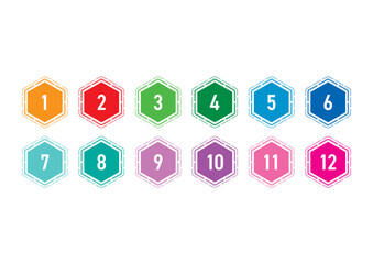 Numbers 1-12 in colorful hexagons. Numbers 1-12 concept for business, education, health, technology world