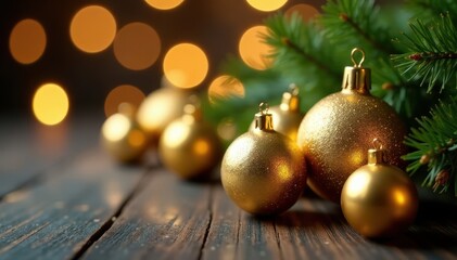 Fototapeta premium Reflective gold Christmas balls, blurred backdrop , holiday decor, ornament