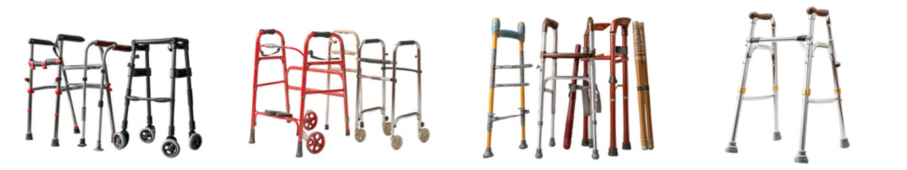 Realistic Medical Equipment Display of Various Walkers for Patient Mobility Assistance
