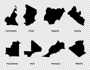 Map shape collection transparent background country simple map of Cameroon Chad Nigeria Liberia Mauritania Mali Morocco Algeria African countries