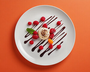 Delicious dessert with raspberries and chocolate sauce on plate.