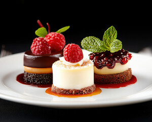 Delicious mini desserts topped with fresh berries and mint.