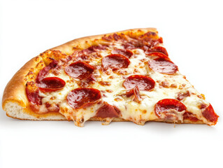 Delicious slice of pepperoni pizza on a white background.
