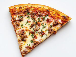 Delicious pizza slice topped with cheese and savory meat.