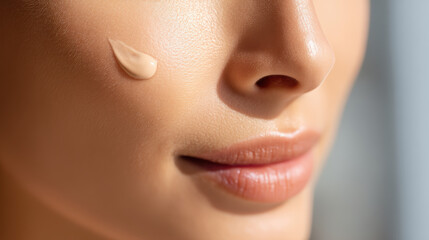Fototapeta premium Close up of woman applying sunscreen on her face showing uv protection and smooth barrier for healthy skin care