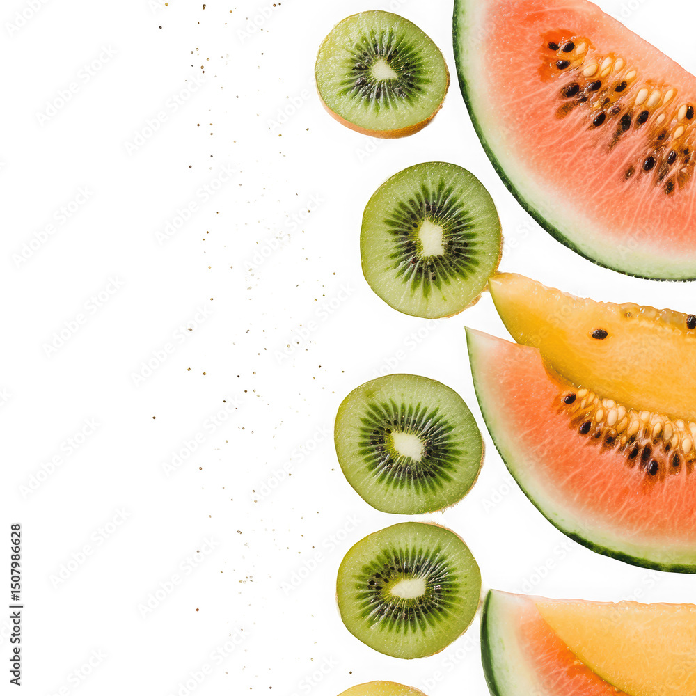 Aufkleber fresh kiwi slices and watermelon segments arranged vertically on transparent background