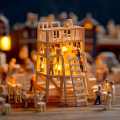 Miniature scene with people engaging in various activities.