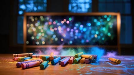 Colorful crayons scattered near blackboard, a playful burst of creativity in learning	
