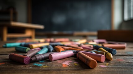 Colorful crayons scattered near blackboard, a playful burst of creativity in learning	

