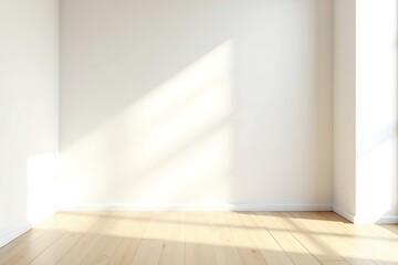 Fototapeta premium Empty room with wooden floor and white walls illuminated by natural light