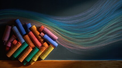 Colorful crayons scattered near blackboard, a playful burst of creativity in learning	
