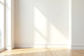 Bright empty room with wooden floor and white wall illuminated by sunlight