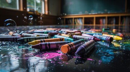 Colorful crayons scattered near blackboard, a playful burst of creativity in learning	
