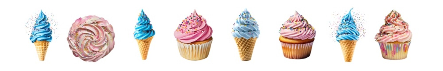 Obraz premium set of Assorted colorful cupcakes and ice cream treats on a white background.